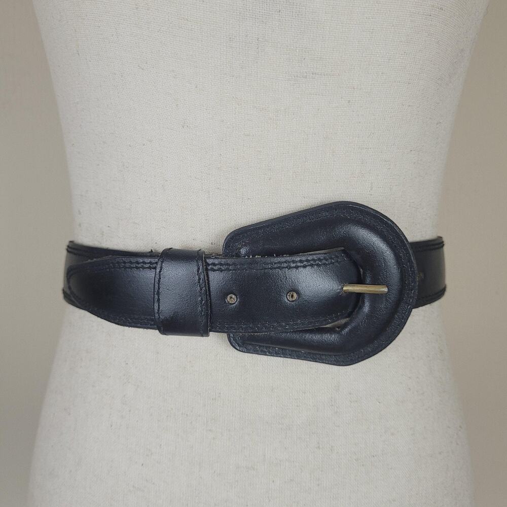 Gorbani Belt Medium Black Leather Padded Buckle Retro Minimalist Statement‎ 80s